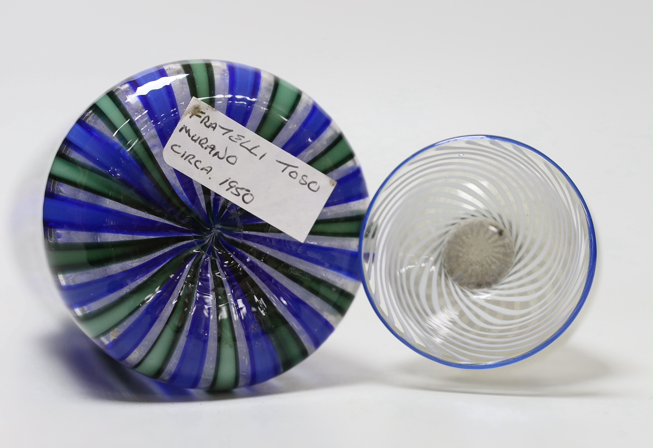Two Venetian glass vases, a blue and green Murano bottle vase and a small Venini style vase with a blue rim, tallest 35cm